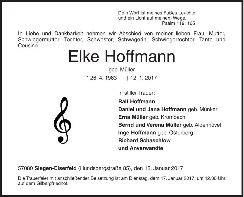  Traueranzeige für Elke Hoffmann vom 13.01.2017 aus Siegener Zeitung