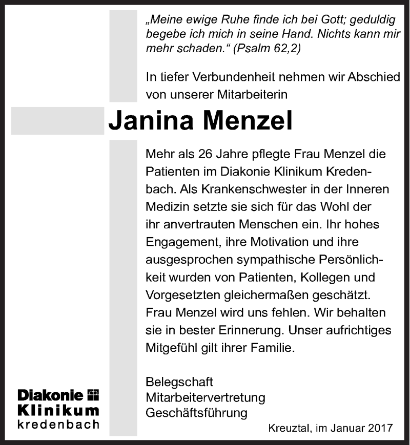  Traueranzeige für Janina Menzel vom 21.01.2017 aus Siegener Zeitung