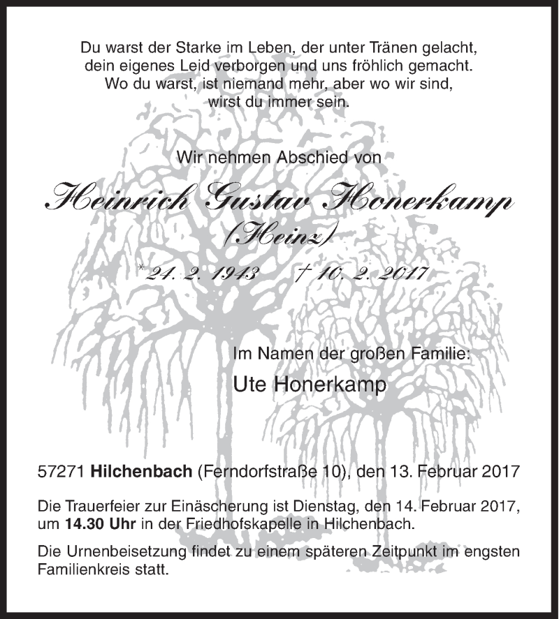  Traueranzeige für Heinrich Gustav Honerkamp vom 13.02.2017 aus Siegener Zeitung