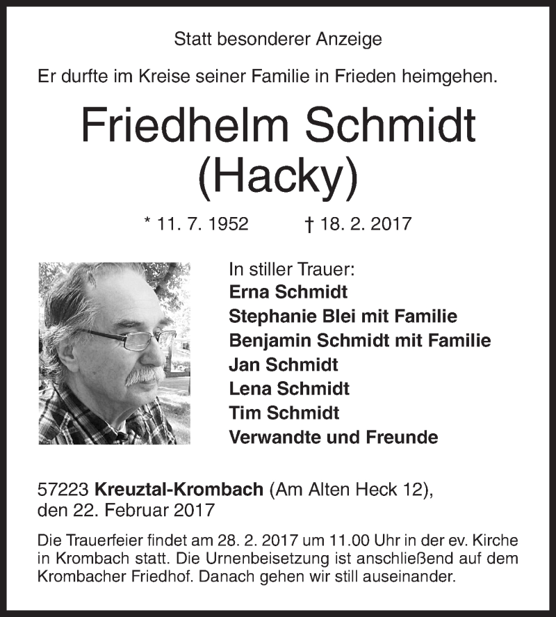  Traueranzeige für Friedhelm Schmidt vom 22.02.2017 aus Siegener Zeitung