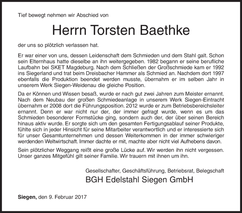  Traueranzeige für Torsten Baethke vom 09.02.2017 aus Siegener Zeitung