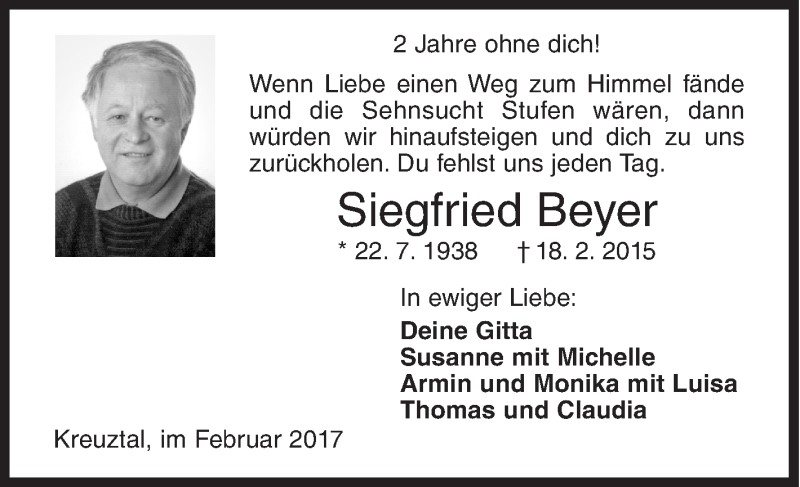  Traueranzeige für Siegfried Beyer vom 18.02.2017 aus Siegener Zeitung