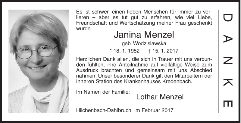  Traueranzeige für Janina Menzel vom 15.02.2017 aus Siegener Zeitung