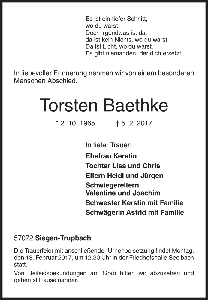  Traueranzeige für Torsten Baethke vom 08.02.2017 aus Siegener Zeitung