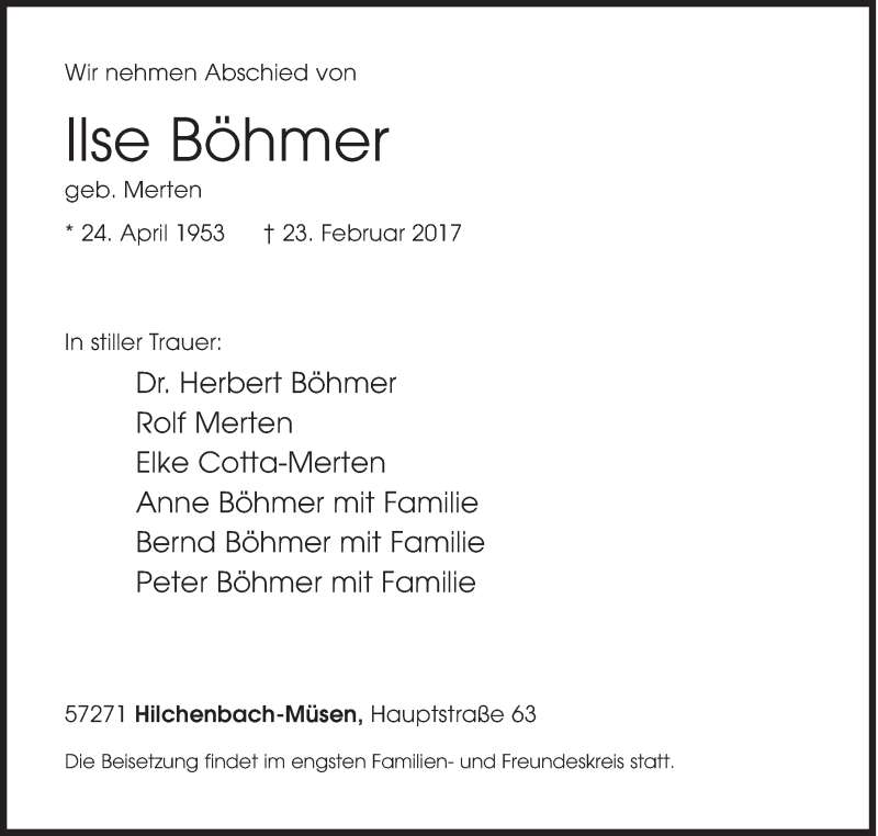  Traueranzeige für Ilse Böhmer vom 25.02.2017 aus Siegener Zeitung