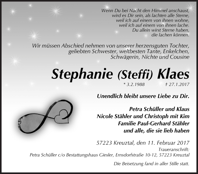  Traueranzeige für Stephanie (Steffi)  Klaes vom 11.02.2017 aus Siegener Zeitung