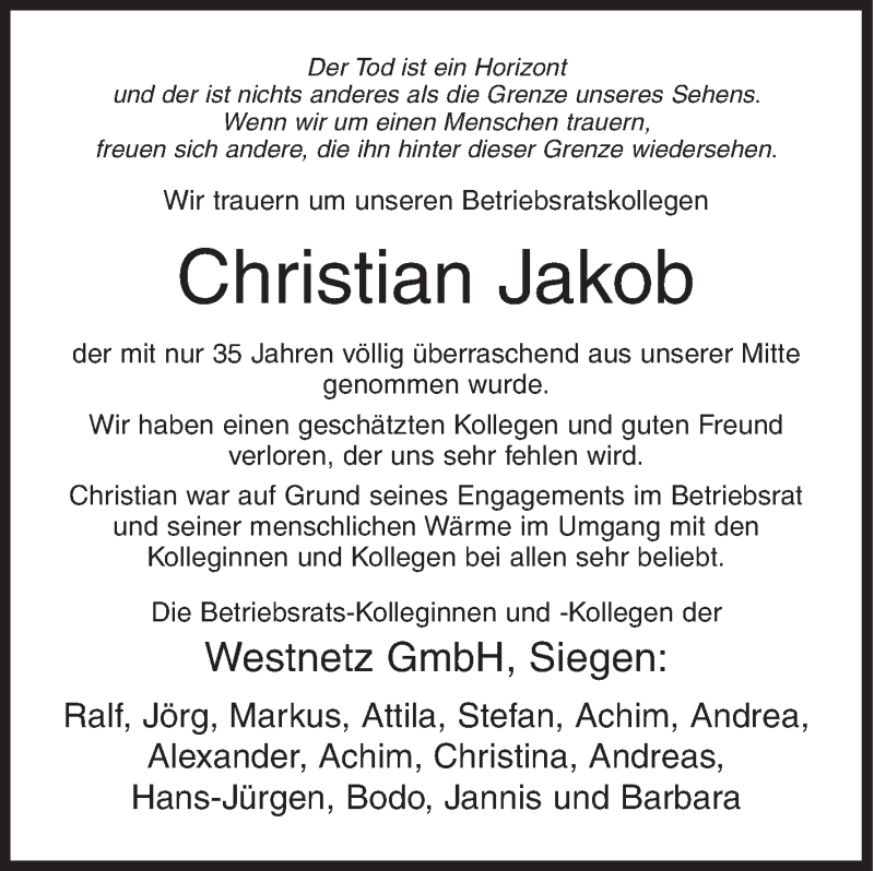  Traueranzeige für Christian Jakob vom 03.03.2017 aus Siegener Zeitung