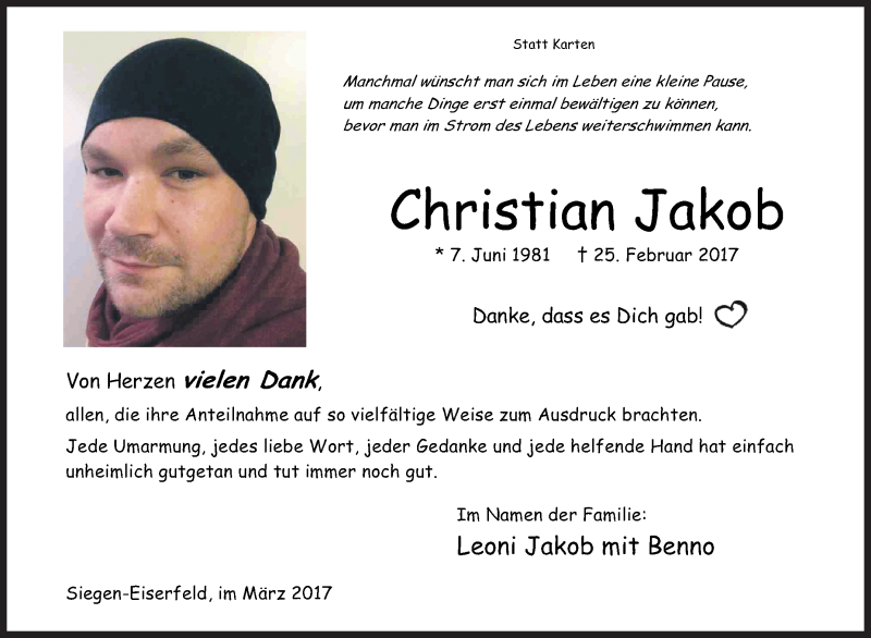  Traueranzeige für Christian Jakob vom 29.03.2017 aus Siegener Zeitung