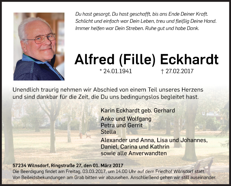  Traueranzeige für Alfred Eckhardt vom 01.03.2017 aus Siegener Zeitung