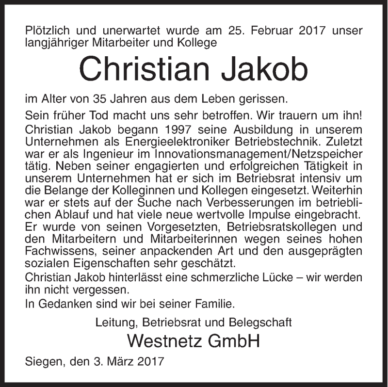  Traueranzeige für Christian Jakob vom 03.03.2017 aus Siegener Zeitung