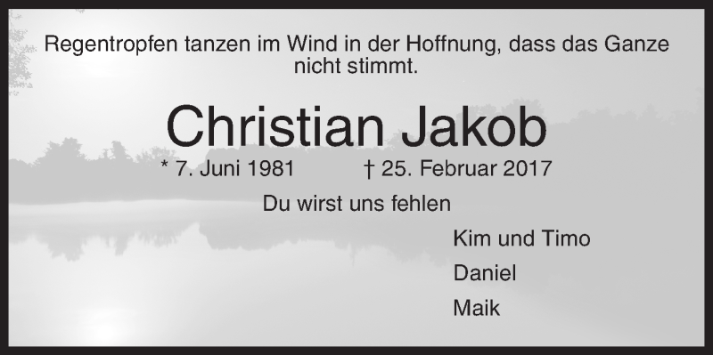 Traueranzeige für Christian Jakob vom 02.03.2017 aus Siegener Zeitung
