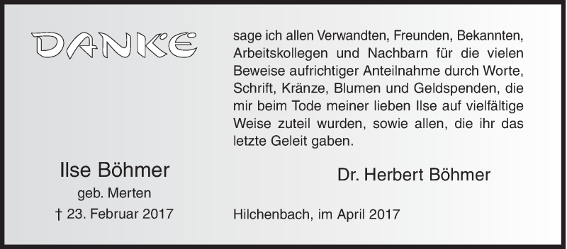  Traueranzeige für Ilse Böhmer vom 01.04.2017 aus Siegener Zeitung