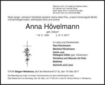 Traueranzeige von Anna Hövelmann von Siegener Zeitung