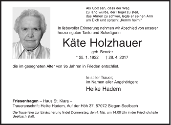 Traueranzeige von Käte Holzhauer von Siegener Zeitung