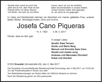 Traueranzeige von Josefa Cano Piqueras von Siegener Zeitung
