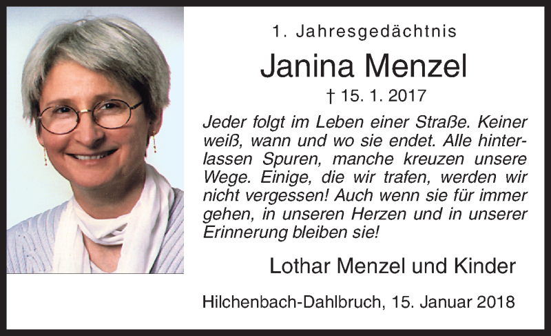  Traueranzeige für Janina Menzel vom 15.01.2018 aus Siegener Zeitung