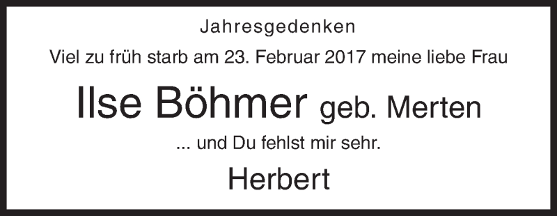  Traueranzeige für Ilse Böhmer vom 23.02.2018 aus Siegener Zeitung