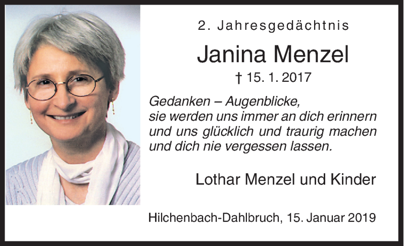  Traueranzeige für Janina Menzel vom 15.01.2019 aus Siegener Zeitung