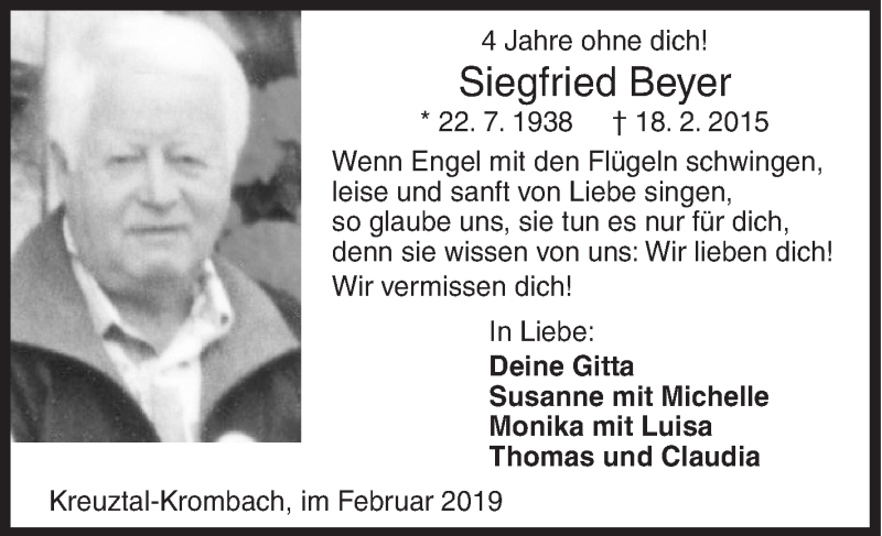  Traueranzeige für Siegfried Beyer vom 18.02.2019 aus Siegener Zeitung