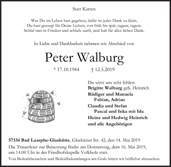 Traueranzeige von Peter Walburg von Siegener Zeitung