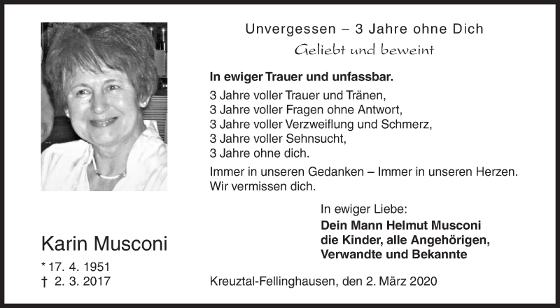  Traueranzeige für Karin Musconi vom 02.03.2020 aus Siegener Zeitung