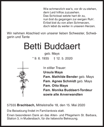 Traueranzeige von Betti Buddaert von Siegener Zeitung