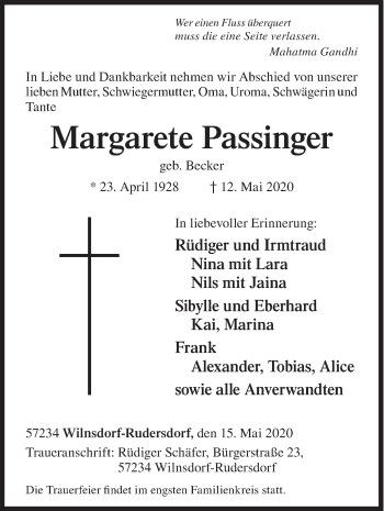 Traueranzeige von Margarete Passfinger von Siegener Zeitung