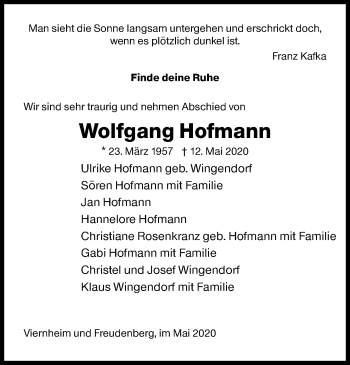 Traueranzeige von Wolfgang Hofmann von Siegener Zeitung