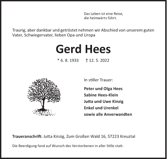 Traueranzeige von Gerd Hees von Siegener Zeitung