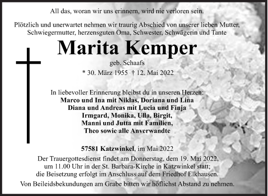 Traueranzeige von Marita Kemper von Siegener Zeitung