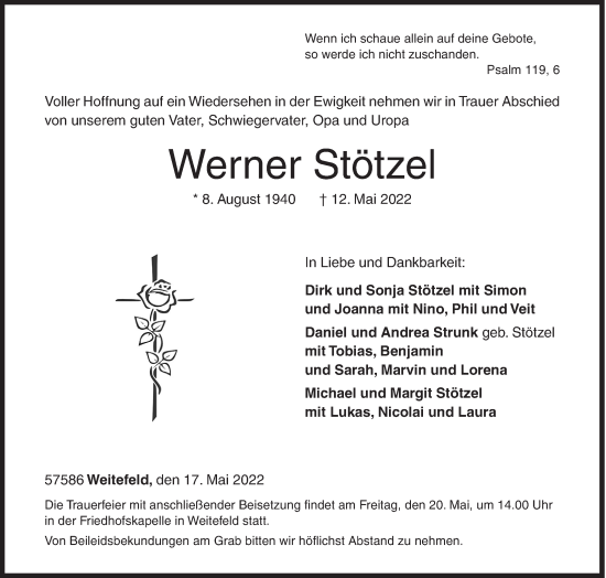 Traueranzeige von Werner Stötzel von Siegener Zeitung