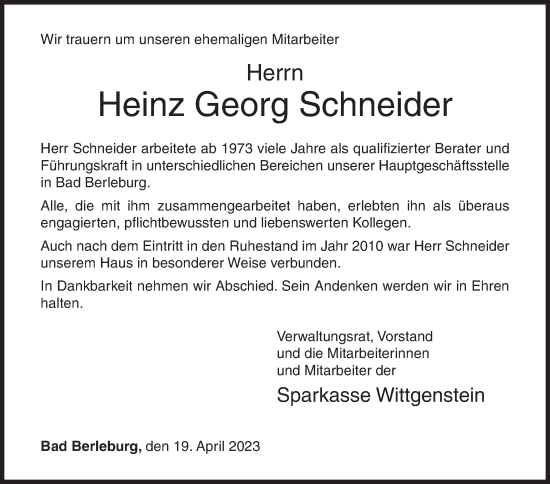 Traueranzeige von Heinz Georg Schneider von Siegener Zeitung