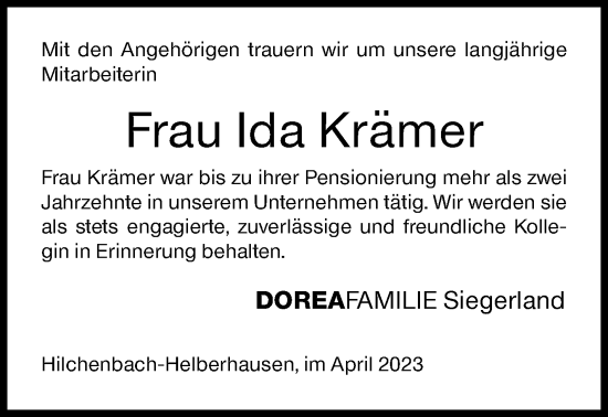 Traueranzeige von Ida Krämer von Siegener Zeitung