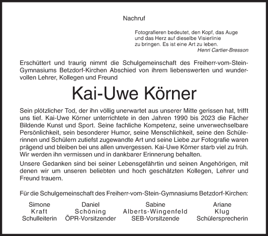 Traueranzeige von Kai-Uwe Körner von Siegener Zeitung