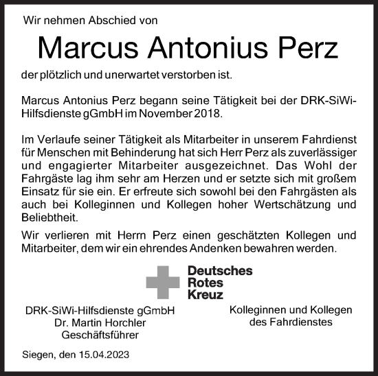Traueranzeige von Marcus Antonius Perz von Siegener Zeitung