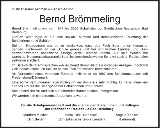 Traueranzeige von Bernd Brömmeling von Siegener Zeitung
