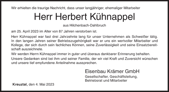 Traueranzeige von Herbert Kühnappel von Siegener Zeitung