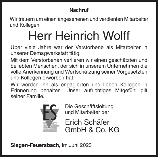 Traueranzeige von Heinrich Wolff von Siegener Zeitung
