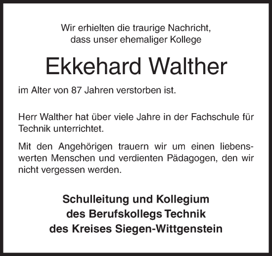 Traueranzeige von Ekkehard Walther von Siegener Zeitung