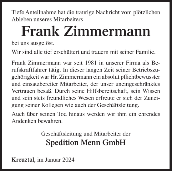 Traueranzeige von Frank Zimmermann von Siegener Zeitung