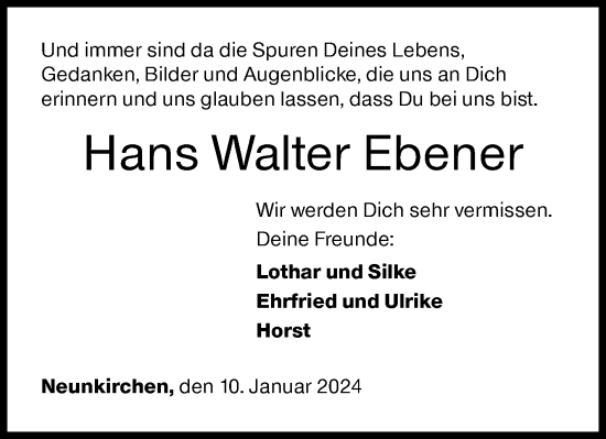 Traueranzeige von Hans Walter Ebener von Siegener Zeitung