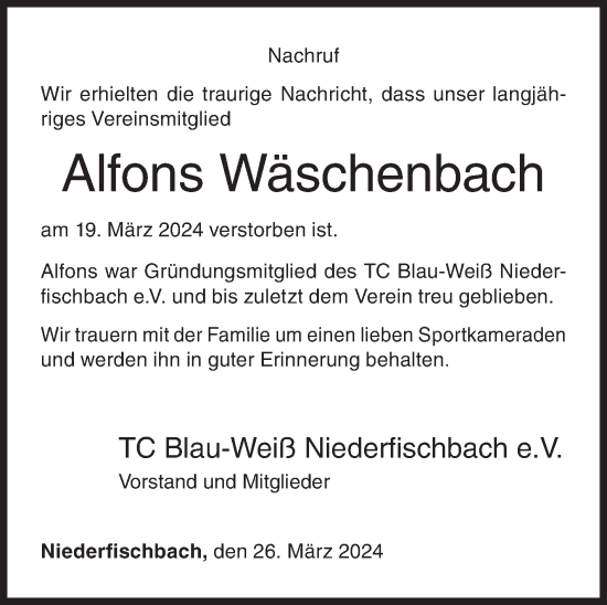 Traueranzeige von Alfons Wäschenbach von Siegener Zeitung