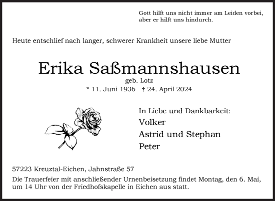 Traueranzeige von Erika Saßmannshausen von Siegener Zeitung