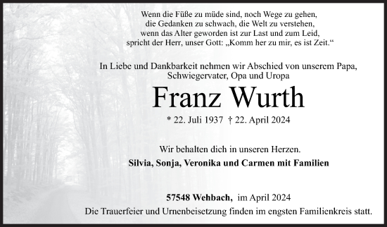 Traueranzeige von Franz Wurth von Siegener Zeitung