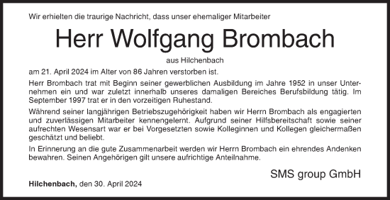 Traueranzeige von Wolfgang Brombach von Siegener Zeitung