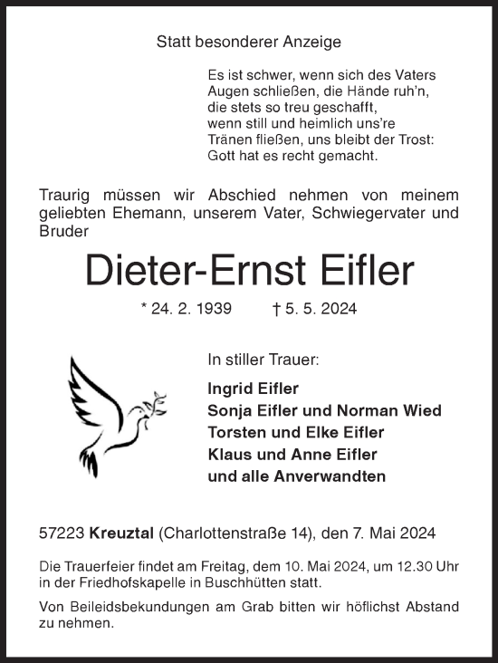 Traueranzeige von Dieter-Ernst Eifler von Siegener Zeitung