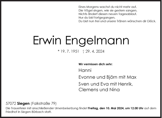 Traueranzeige von Erwin Engelmann von Siegener Zeitung