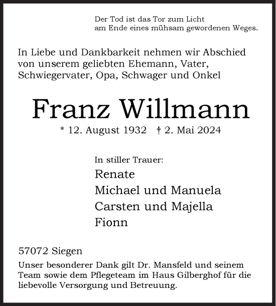 Traueranzeige von Franz Willmann von Siegener Zeitung