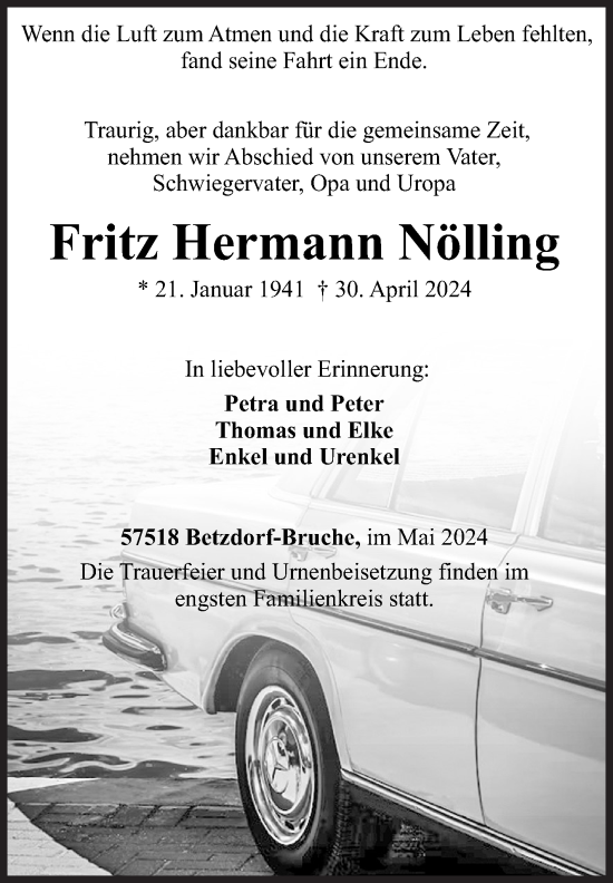 Traueranzeige von Fritz Hermann Nölling von Siegener Zeitung