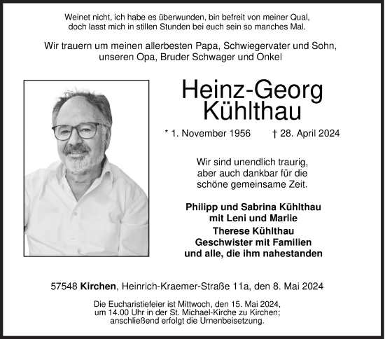 Traueranzeige von Heinz-Georg Kühlthau von Siegener Zeitung